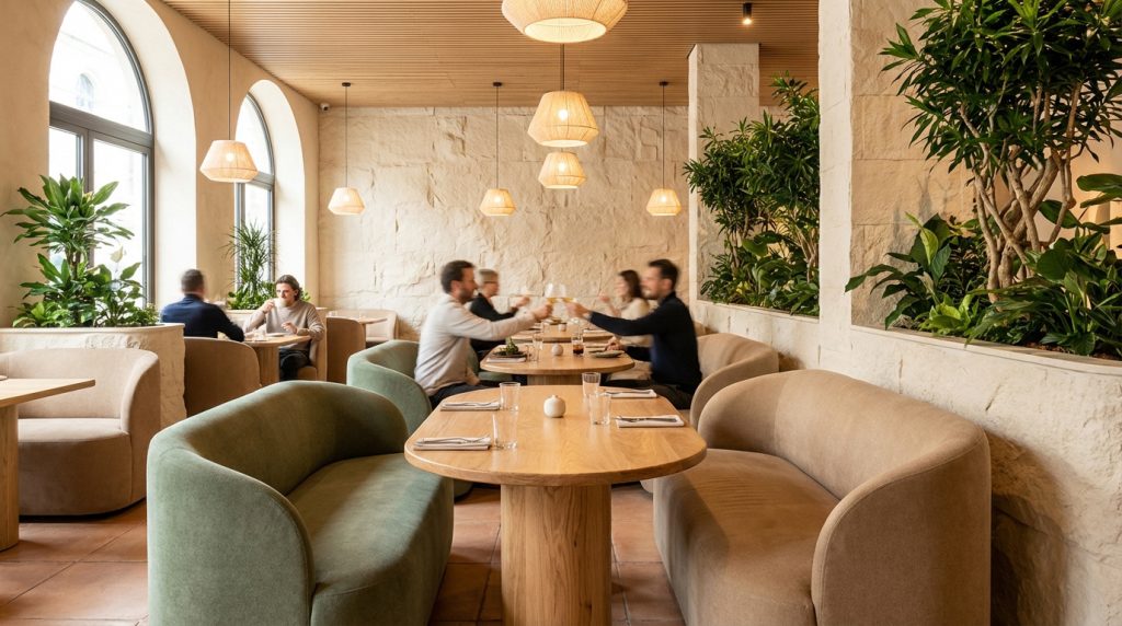 Intérieur de restaurant moderne avec murs de pierre, banquettes confortables, tables en bois, plantes et luminaires tressés.